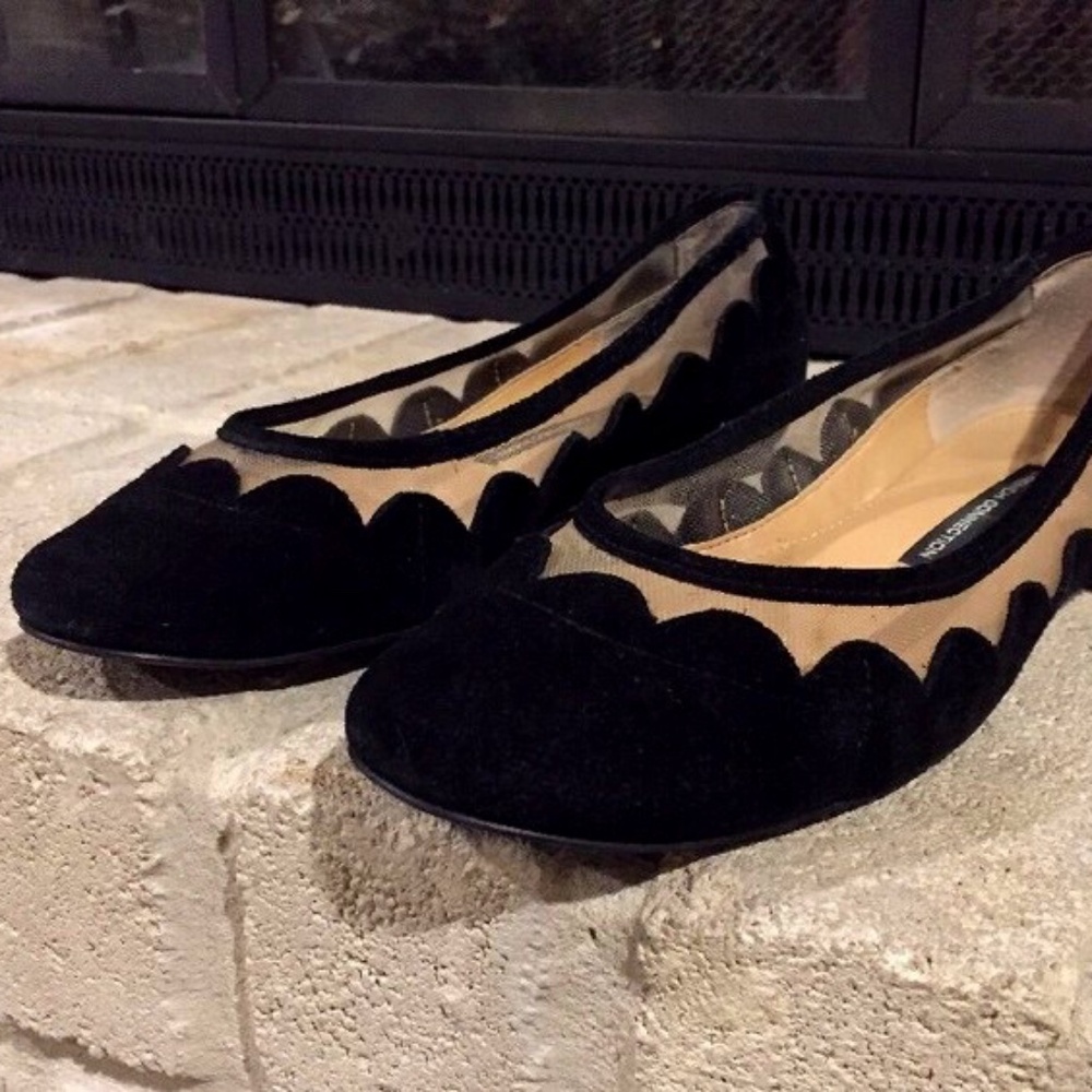 French Connection scallopped ballet flats - 7.5 - black suede and mesh